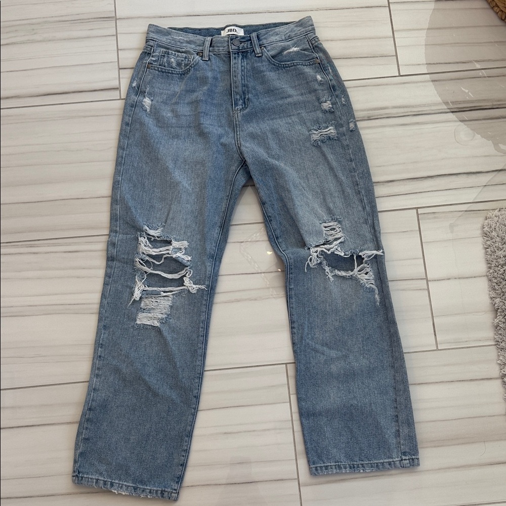 Distressed Blue Denim Boot Cut Jeans